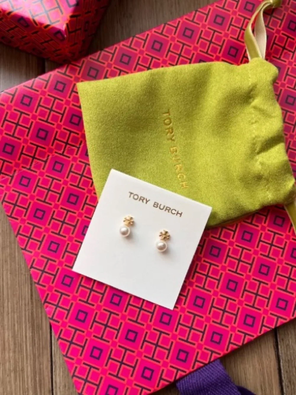 Tory Burch Gold and White Pearl Kids Stud Earrings